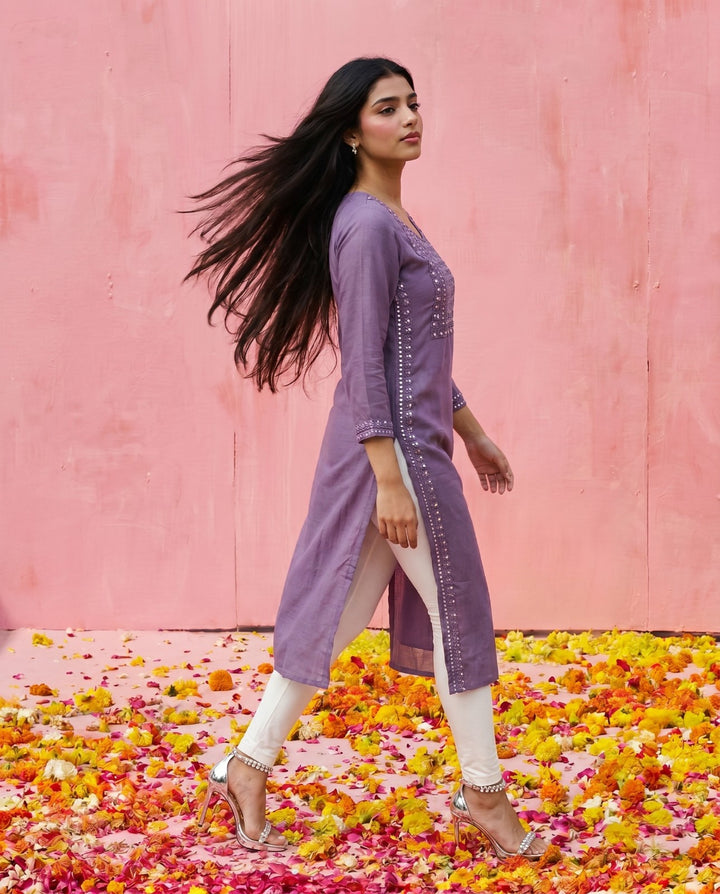 Purple Embroidered Viscose Blended Straight cut Long Kurta