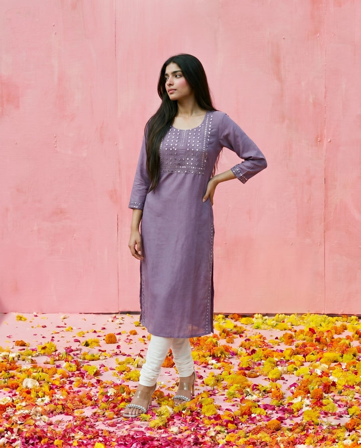 Purple Embroidered Viscose Blended Straight cut Long Kurta