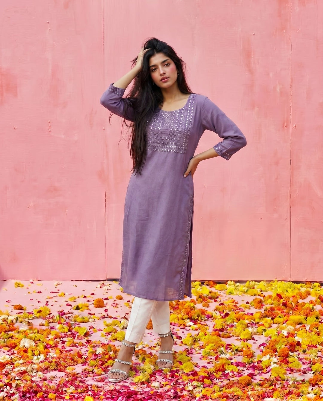 Purple Embroidered Viscose Blended Straight cut Long Kurta