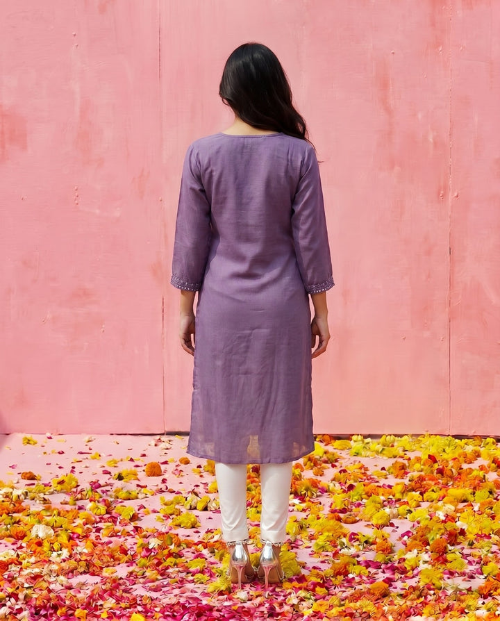 Purple Embroidered Viscose Blended Straight cut Long Kurta