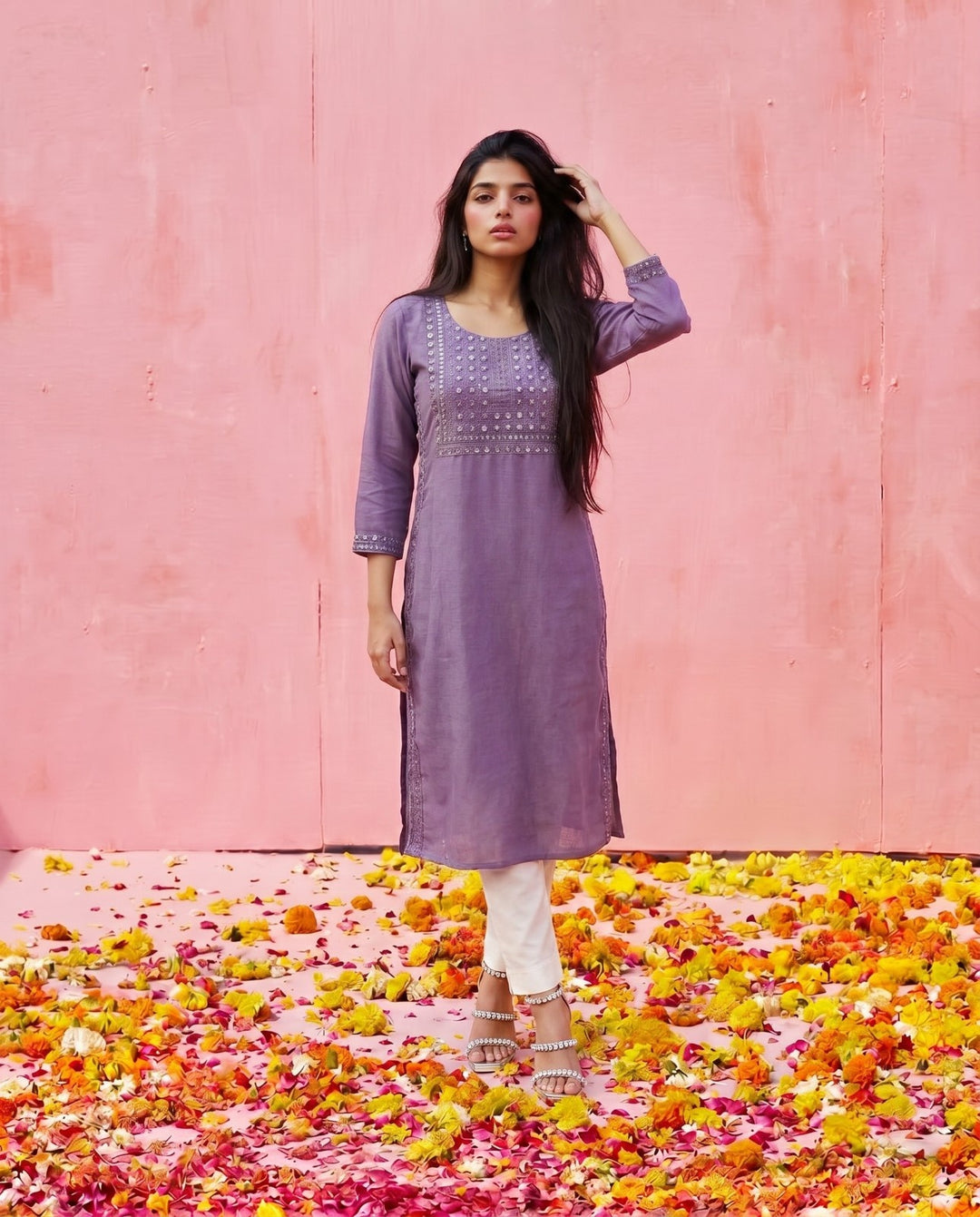 Purple Embroidered Viscose Blended Straight cut Long Kurta