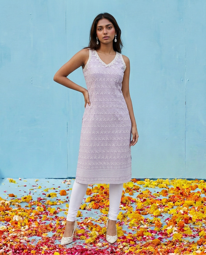 Lavender Embroidered Cotton Blended Sleeveless Straight Cut Long Kurta