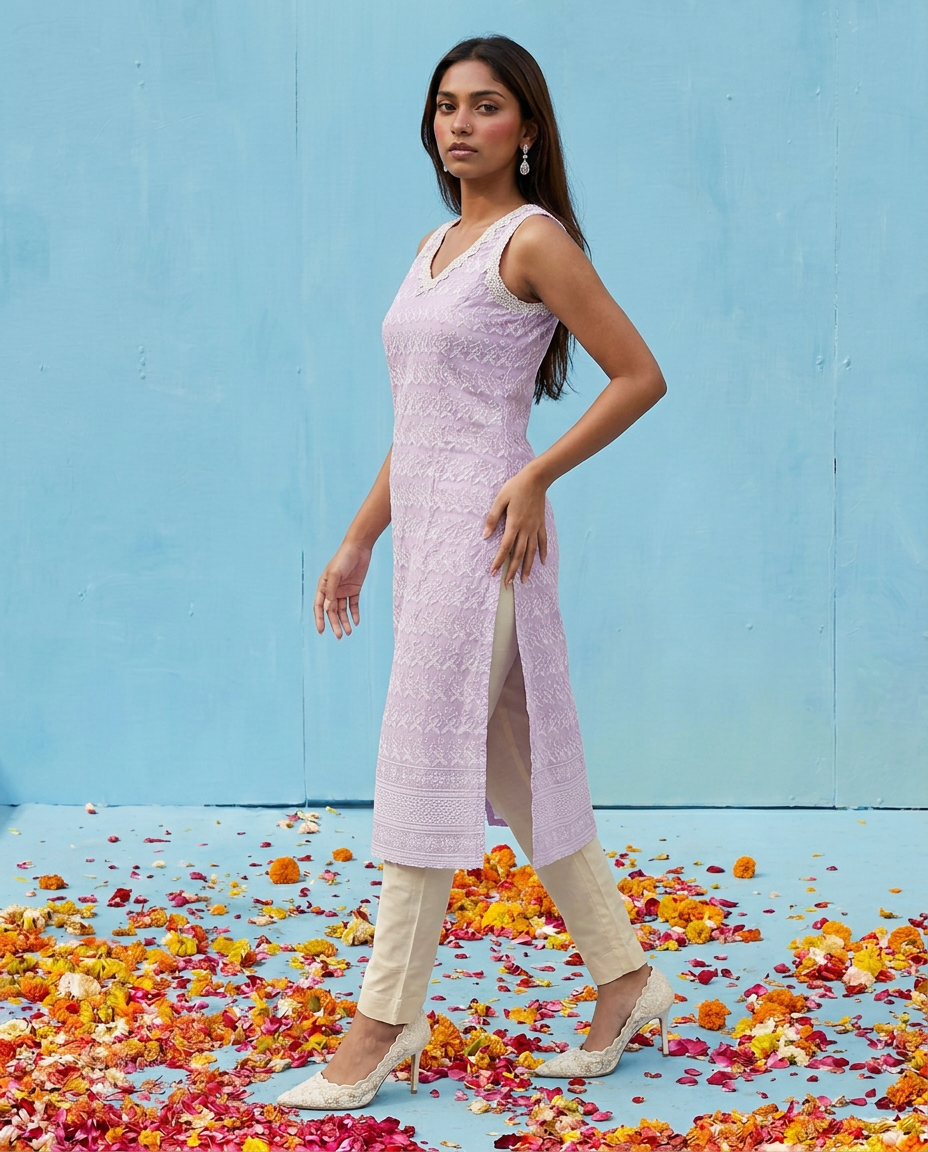 Lavender Embroidered Cotton Blended Sleeveless Straight Cut Long Kurta