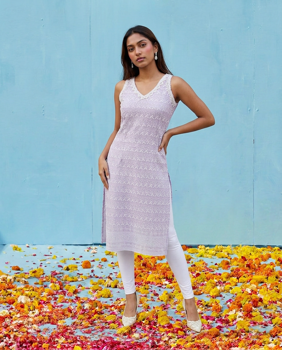 Lavender Embroidered Cotton Blended Sleeveless Straight Cut Long Kurta