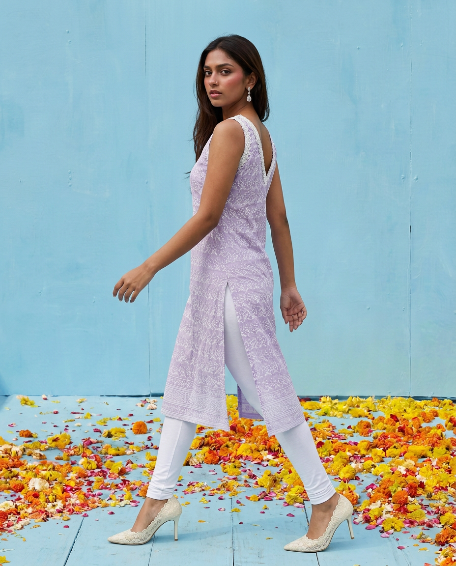 Lavender Embroidered Cotton Blended Sleeveless Straight Cut Long Kurta