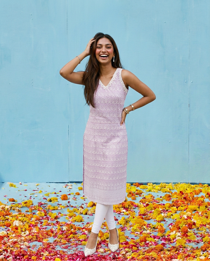 Lavender Embroidered Cotton Blended Sleeveless Straight Cut Long Kurta