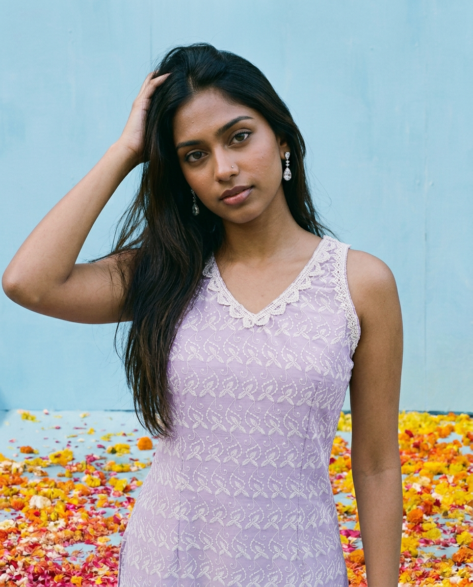 Lavender Embroidered Cotton Blended Sleeveless Straight Cut Long Kurta