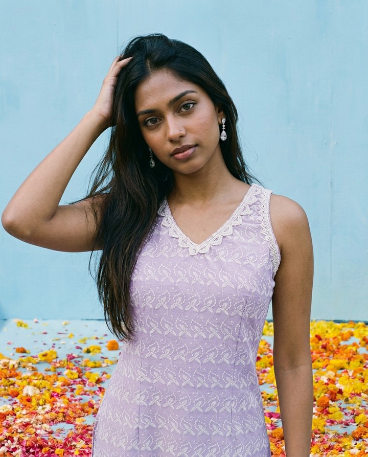 Lavender Embroidered Cotton Blended Sleeveless Straight Cut Long Kurta