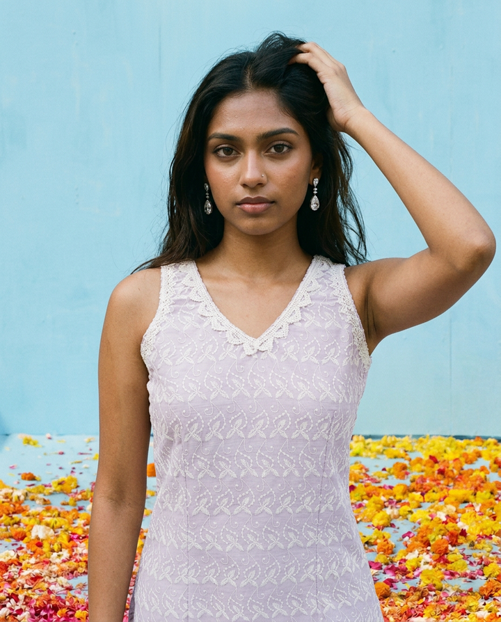 Lavender Embroidered Cotton Blended Sleeveless Straight Cut Long Kurta