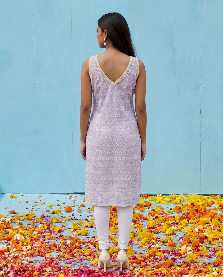 Lavender Embroidered Cotton Blended Sleeveless Straight Cut Long Kurta