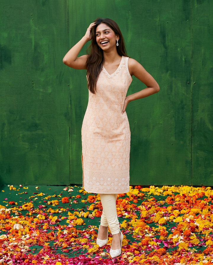 Peach Embroidered Cotton Blended Sleeveless Straight Cut Long Kurta