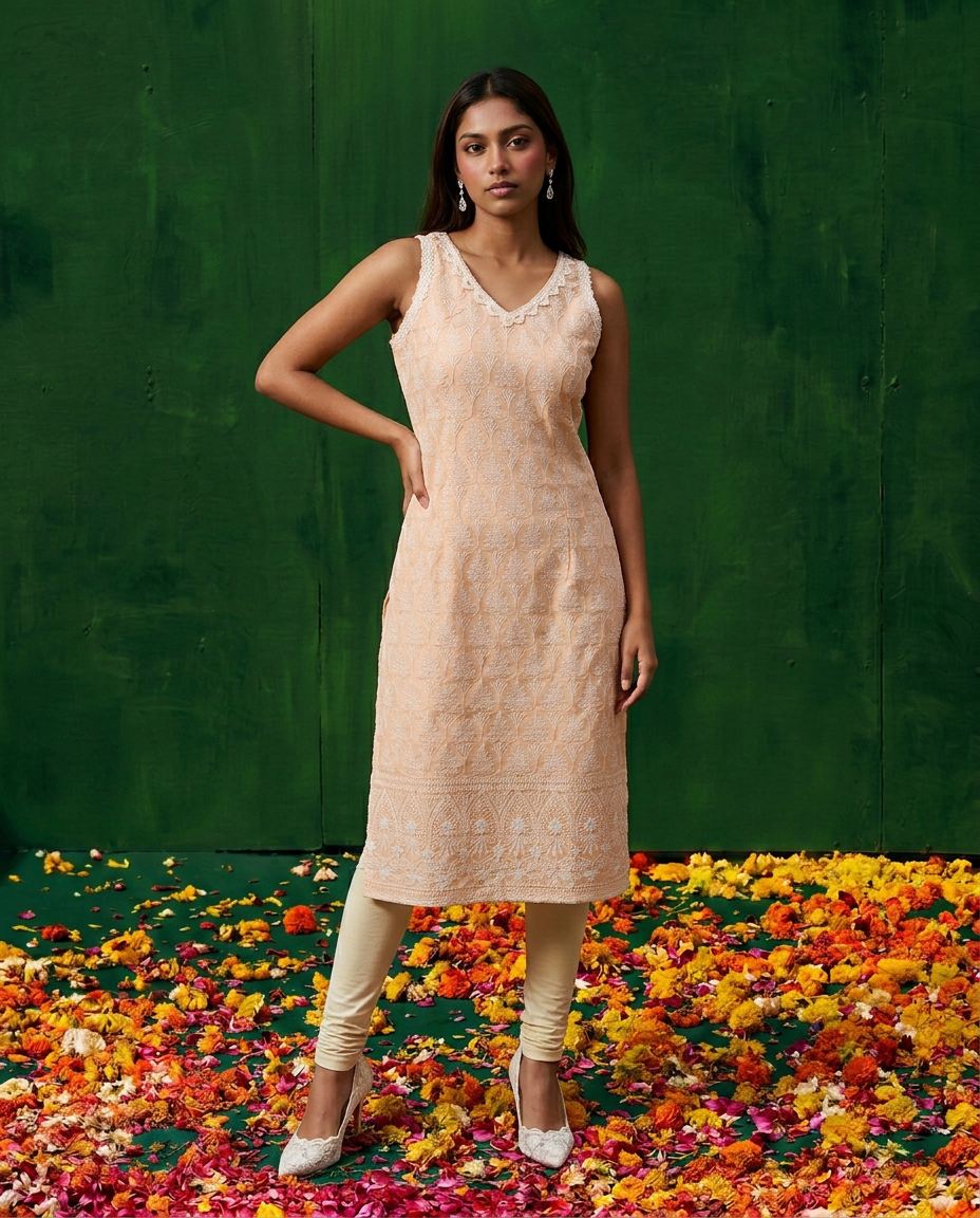 Peach Embroidered Cotton Blended Sleeveless Straight Cut Long Kurta