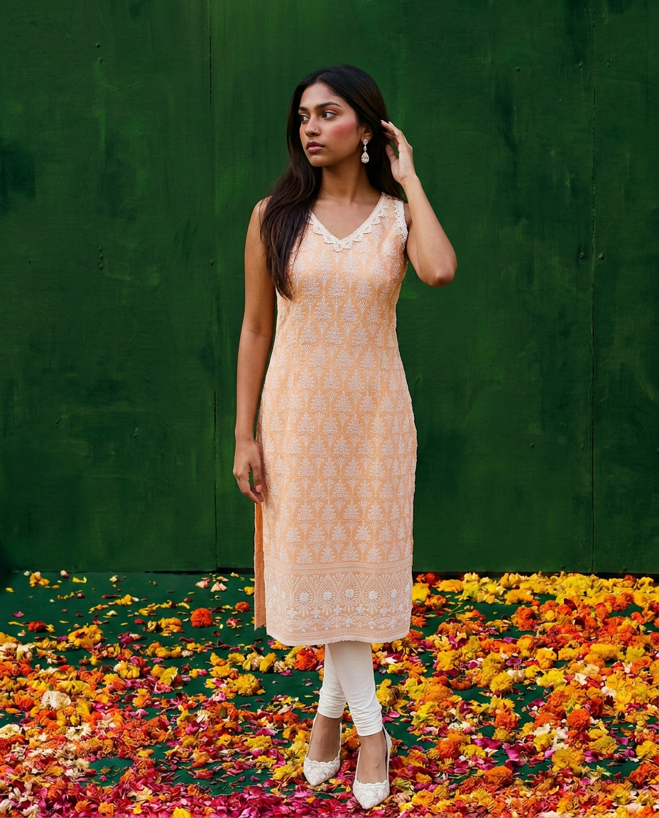 Peach Embroidered Cotton Blended Sleeveless Straight Cut Long Kurta