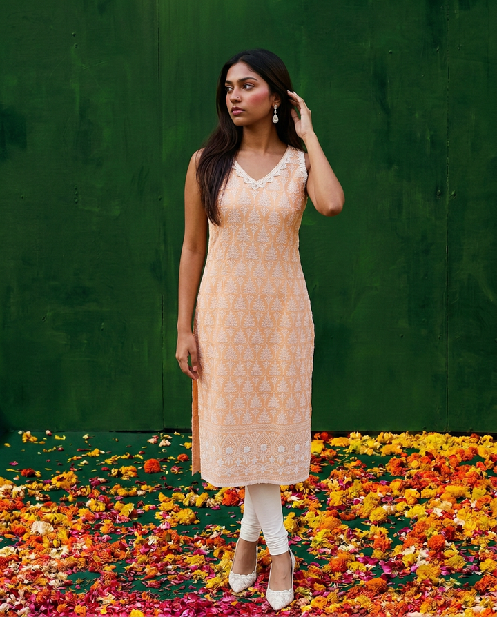 Peach Embroidered Cotton Blended Sleeveless Straight Cut Long Kurta
