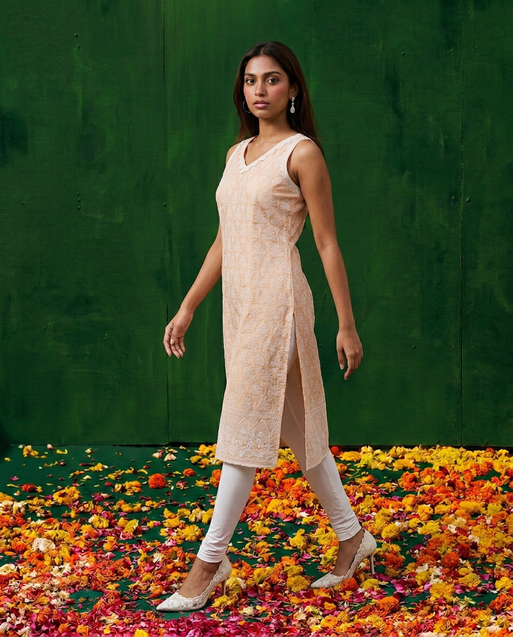 Peach Embroidered Cotton Blended Sleeveless Straight Cut Long Kurta