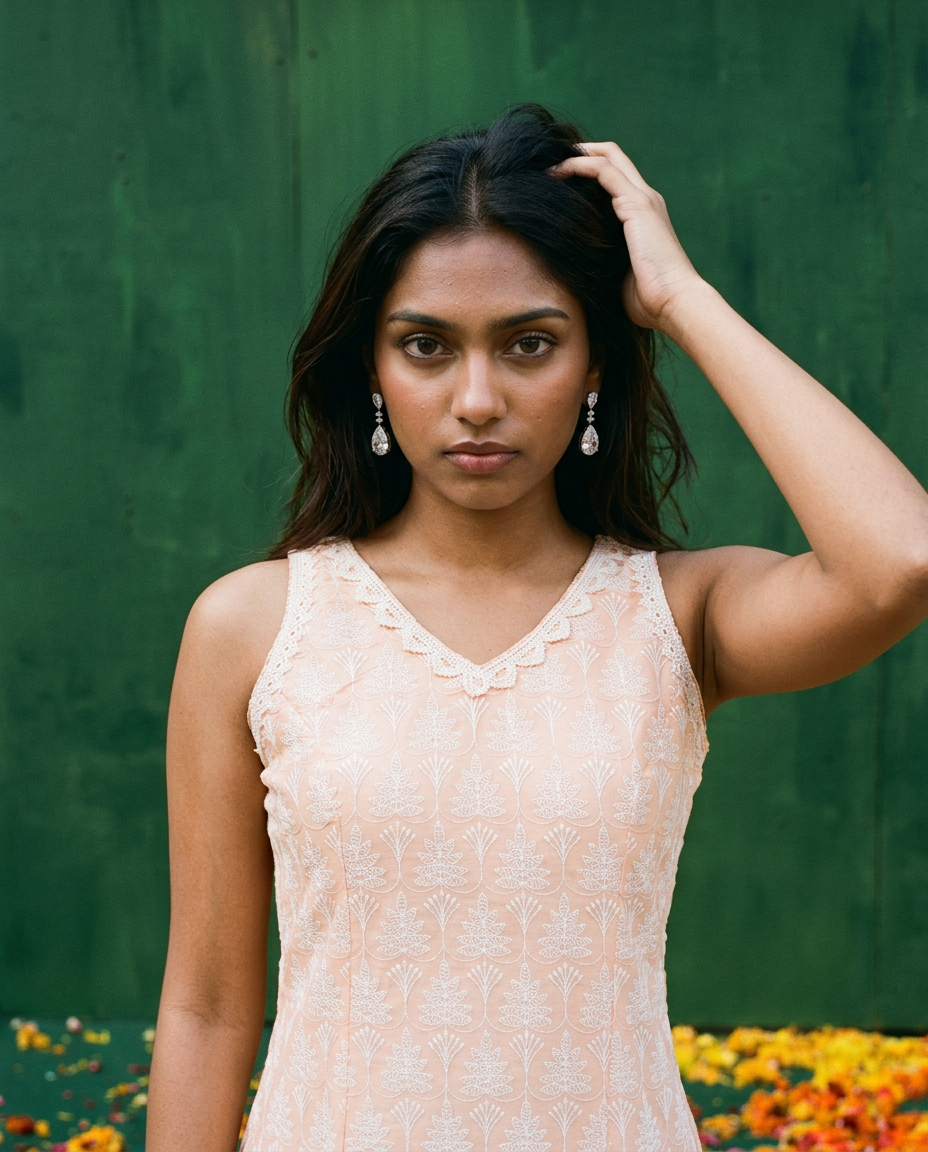 Peach Embroidered Cotton Blended Sleeveless Straight Cut Long Kurta