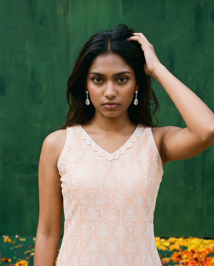 Peach Embroidered Cotton Blended Sleeveless Straight Cut Long Kurta