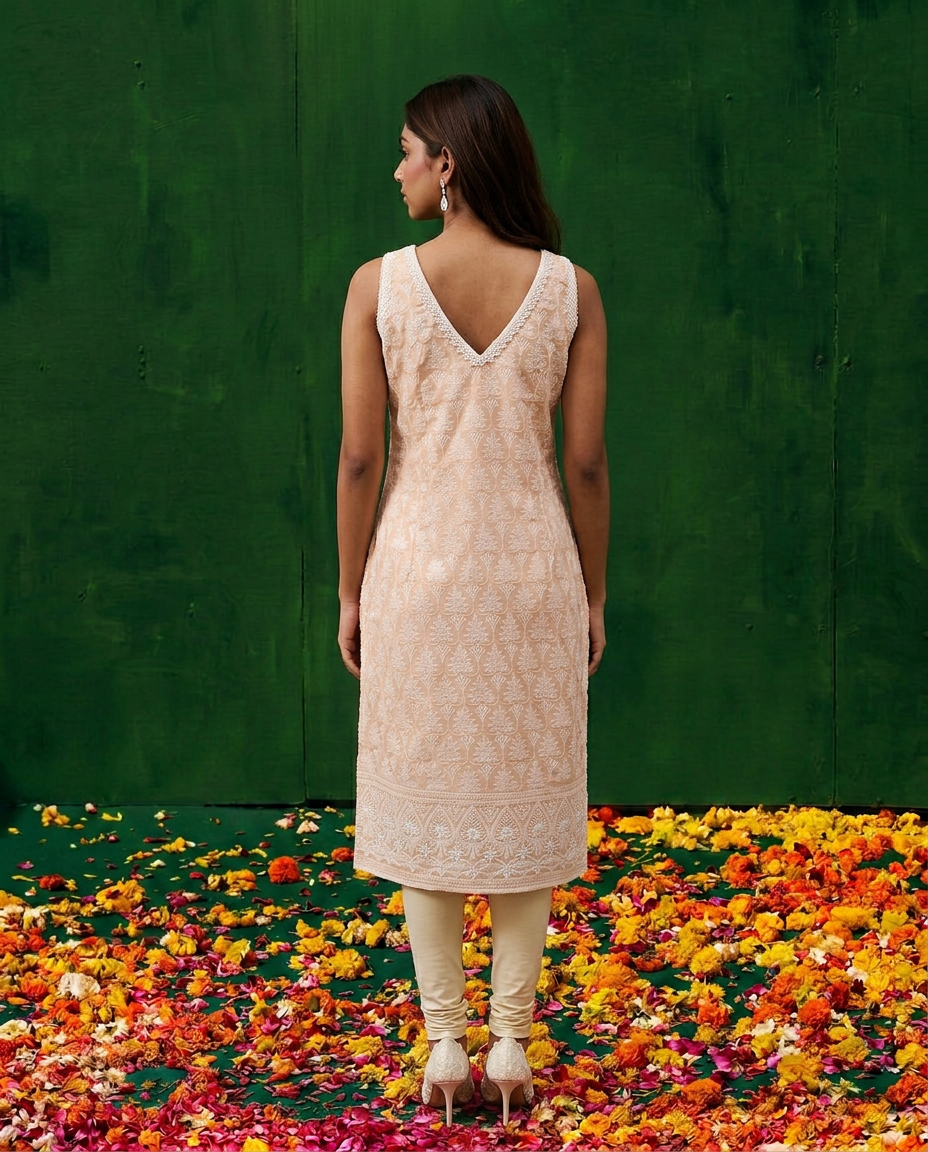 Peach Embroidered Cotton Blended Sleeveless Straight Cut Long Kurta