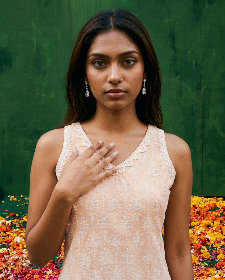 Peach Embroidered Cotton Blended Sleeveless Straight Cut Long Kurta