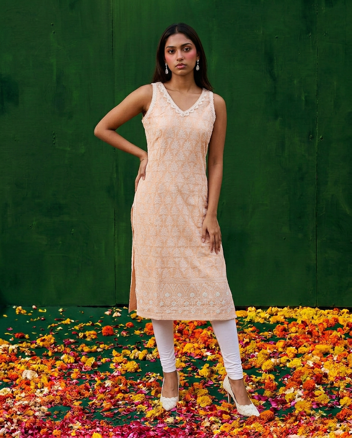 Peach Embroidered Cotton Blended Sleeveless Straight Cut Long Kurta