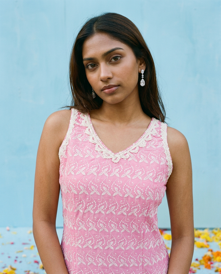 Pink Embroidered Cotton Blended Sleeveless Straight Cut Long Kurta-1