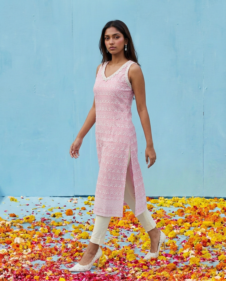 Pink Embroidered Cotton Blended Sleeveless Straight Cut Long Kurta-1