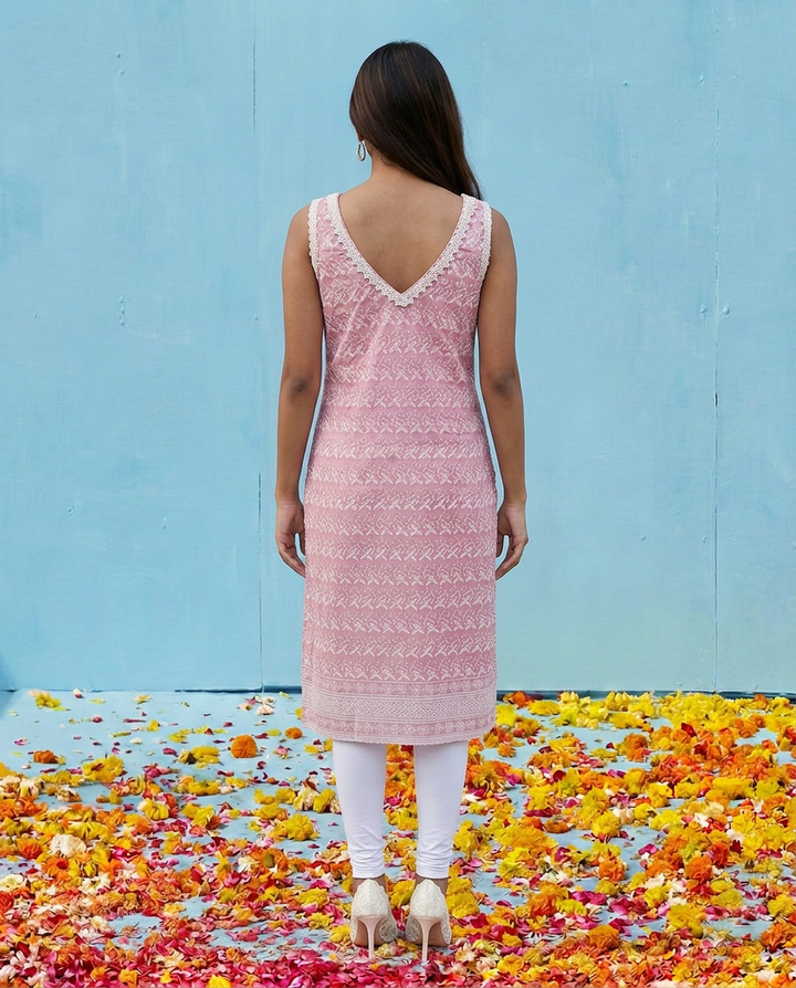 Pink Embroidered Cotton Blended Sleeveless Straight Cut Long Kurta-1