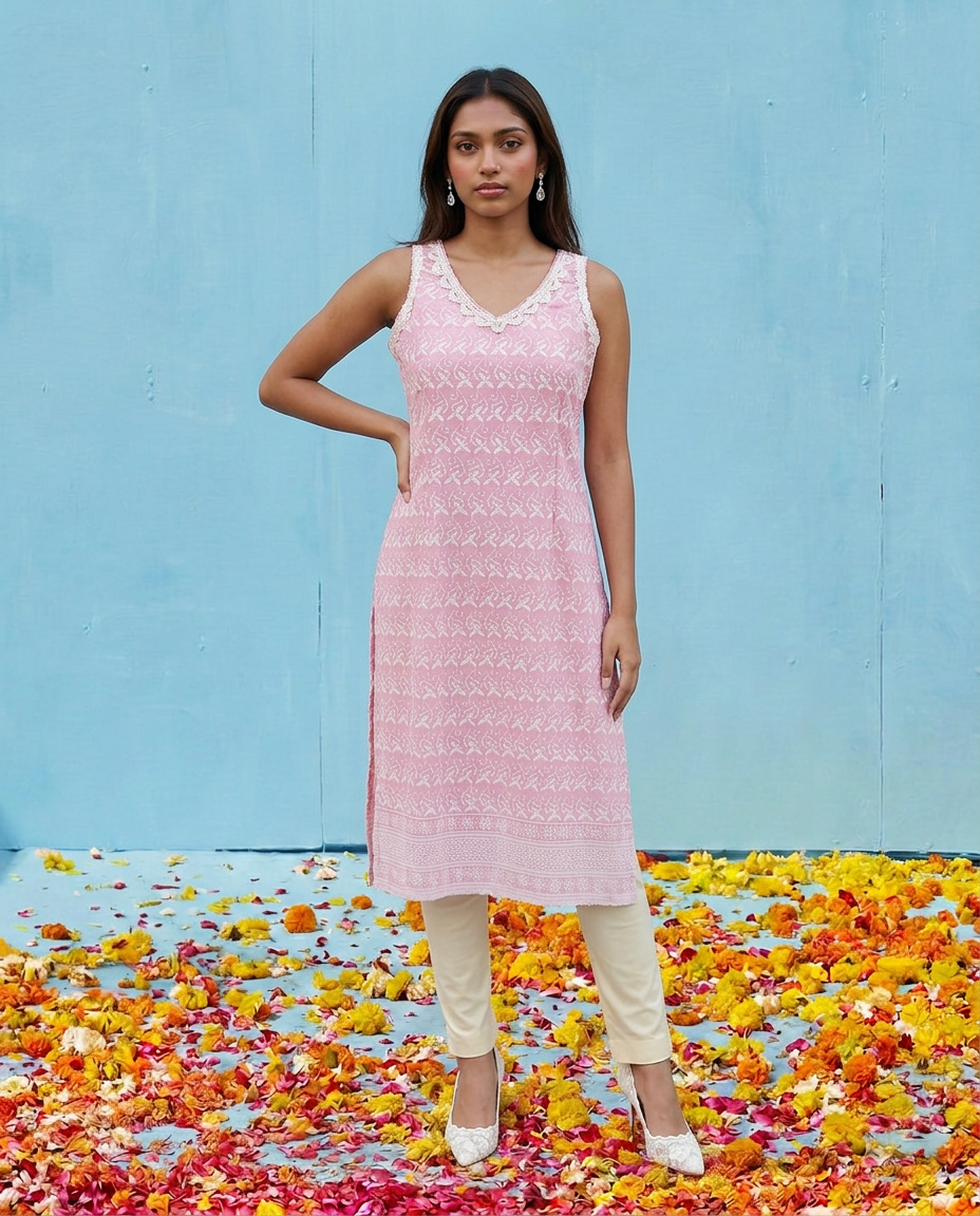 Pink Embroidered Cotton Blended Sleeveless Straight Cut Long Kurta-1