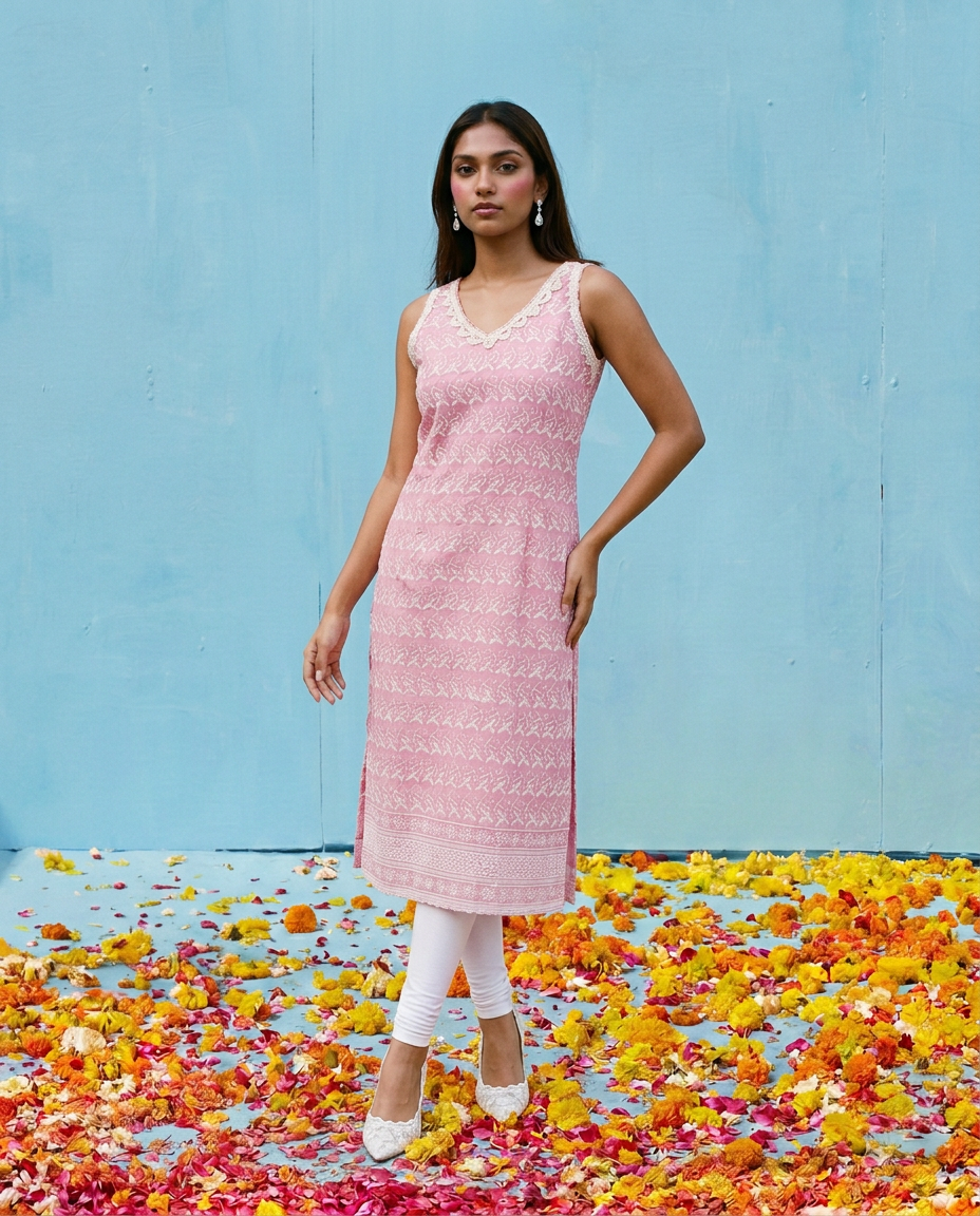 Pink Embroidered Cotton Blended Sleeveless Straight Cut Long Kurta-1