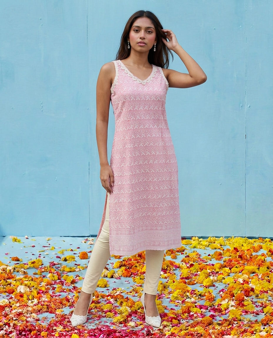 Pink Embroidered Cotton Blended Sleeveless Straight Cut Long Kurta-1