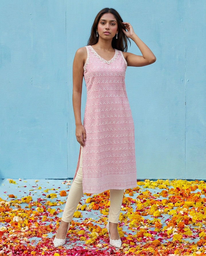 Pink Embroidered Cotton Blended Sleeveless Straight Cut Long Kurta-1