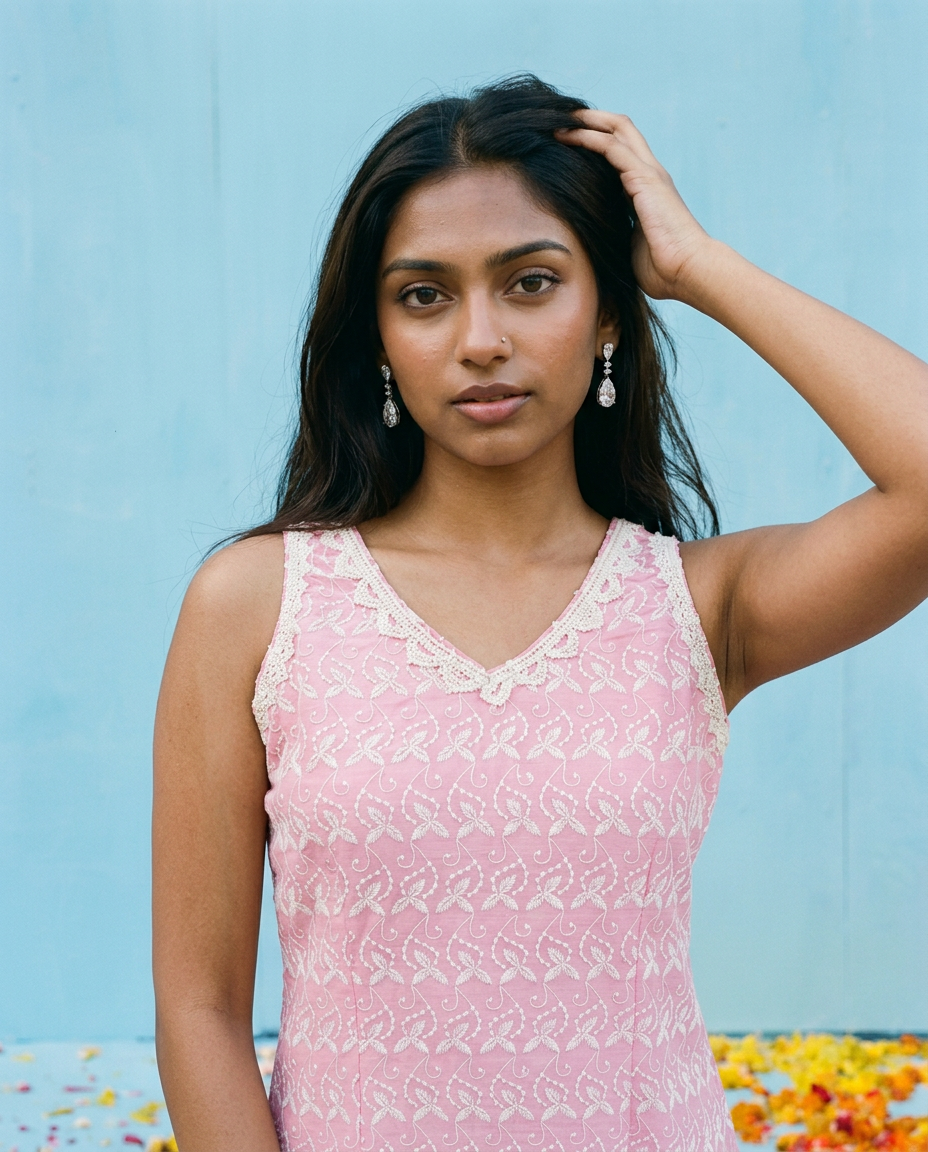 Pink Embroidered Cotton Blended Sleeveless Straight Cut Long Kurta-1