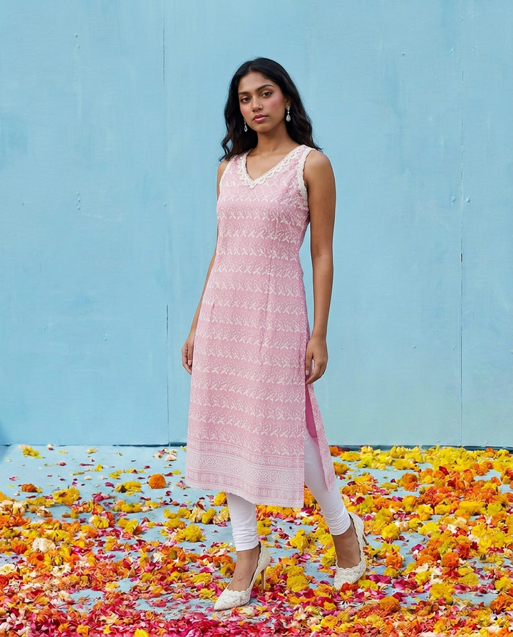 Pink Embroidered Cotton Blended Sleeveless Straight Cut Long Kurta-1