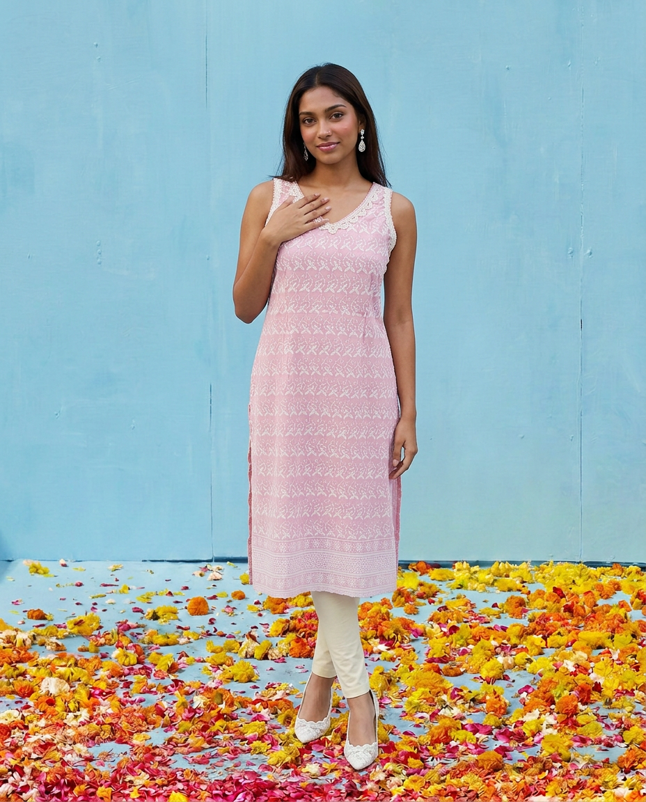 Pink Embroidered Cotton Blended Sleeveless Straight Cut Long Kurta-1