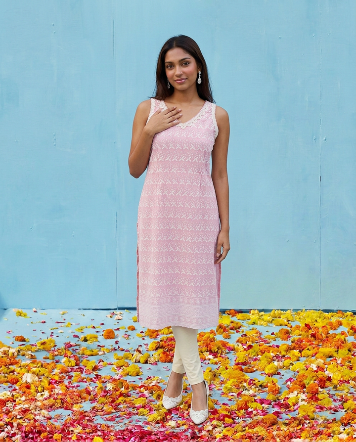 Pink Embroidered Cotton Blended Sleeveless Straight Cut Long Kurta-1