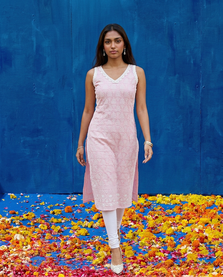 Pink Embroidered Cotton Blended Sleeveless Straight Cut Long Kurta-2