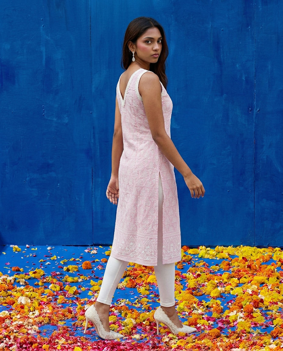 Pink Embroidered Cotton Blended Sleeveless Straight Cut Long Kurta-2