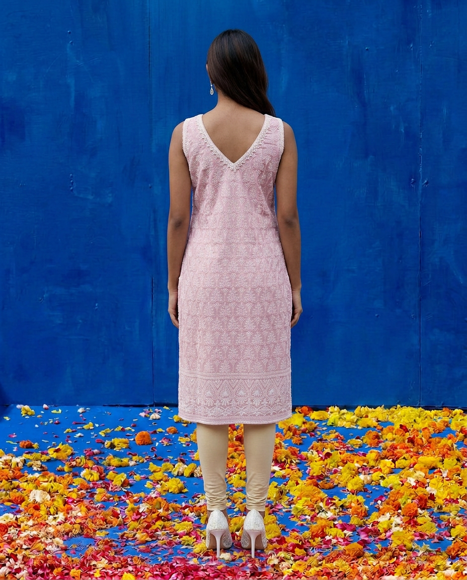 Pink Embroidered Cotton Blended Sleeveless Straight Cut Long Kurta-2