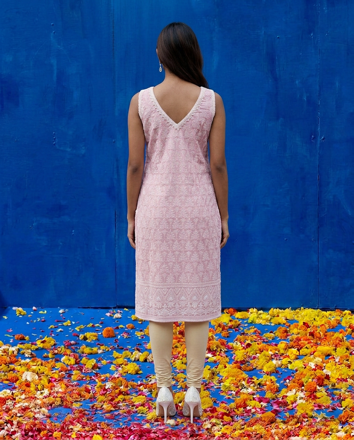 Pink Embroidered Cotton Blended Sleeveless Straight Cut Long Kurta-2