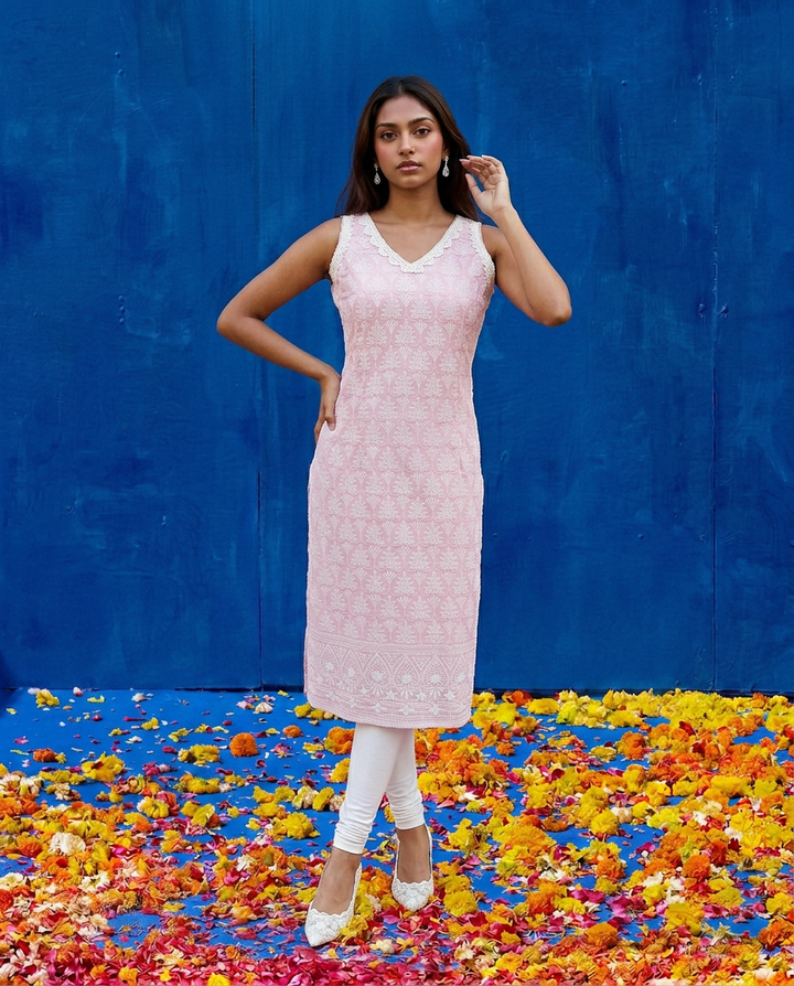 Pink Embroidered Cotton Blended Sleeveless Straight Cut Long Kurta-2