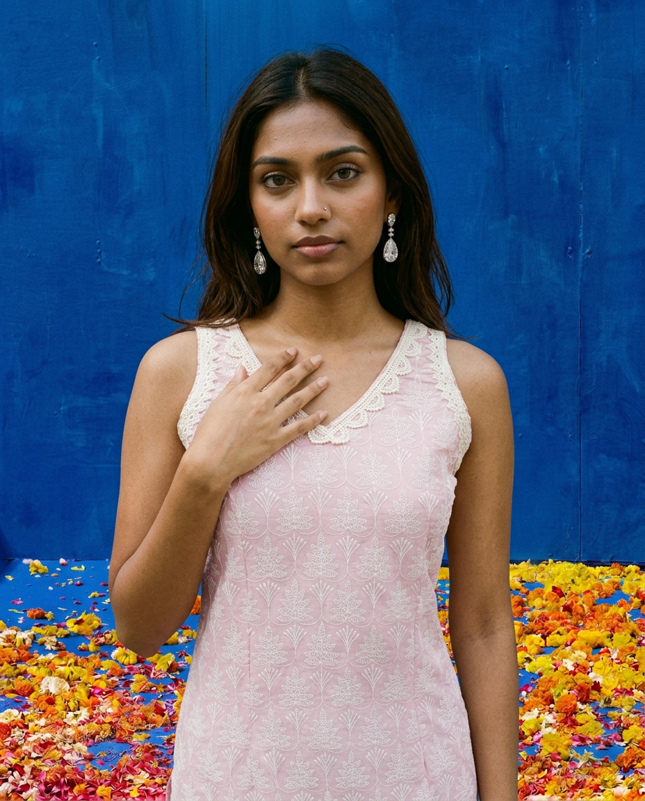 Pink Embroidered Cotton Blended Sleeveless Straight Cut Long Kurta-2