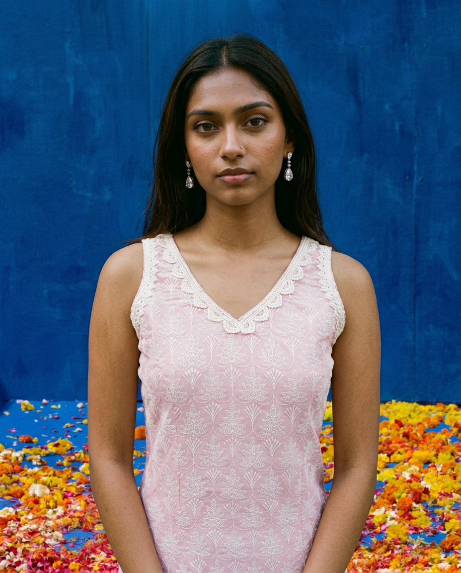Pink Embroidered Cotton Blended Sleeveless Straight Cut Long Kurta-2