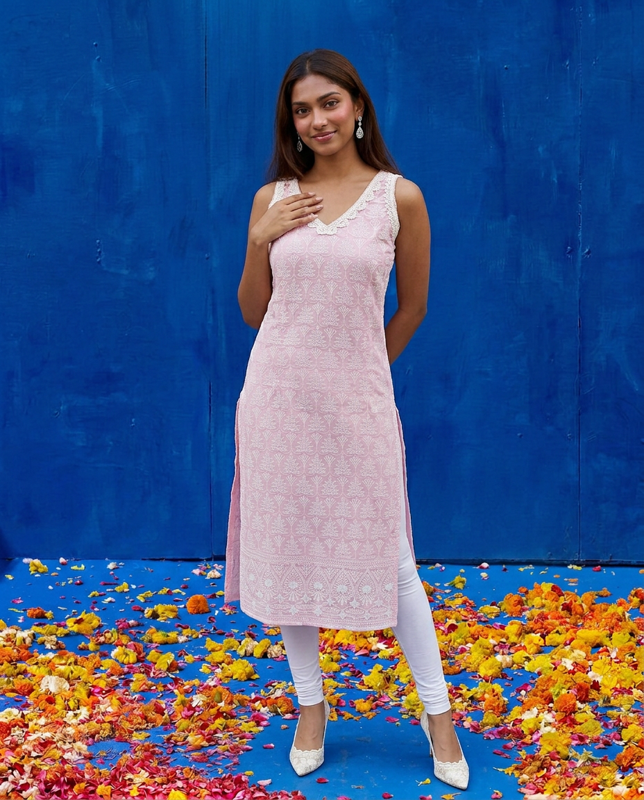 Pink Embroidered Cotton Blended Sleeveless Straight Cut Long Kurta-2