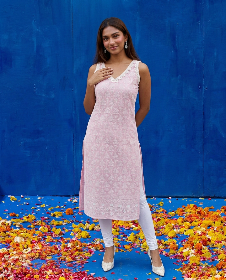 Pink Embroidered Cotton Blended Sleeveless Straight Cut Long Kurta-2