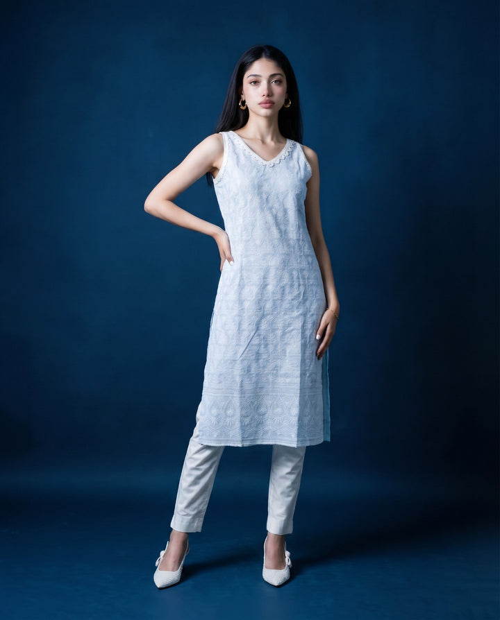 Sky Blue Embroidered Cotton Blended Sleeveless Straight Cut Long Kurta-1