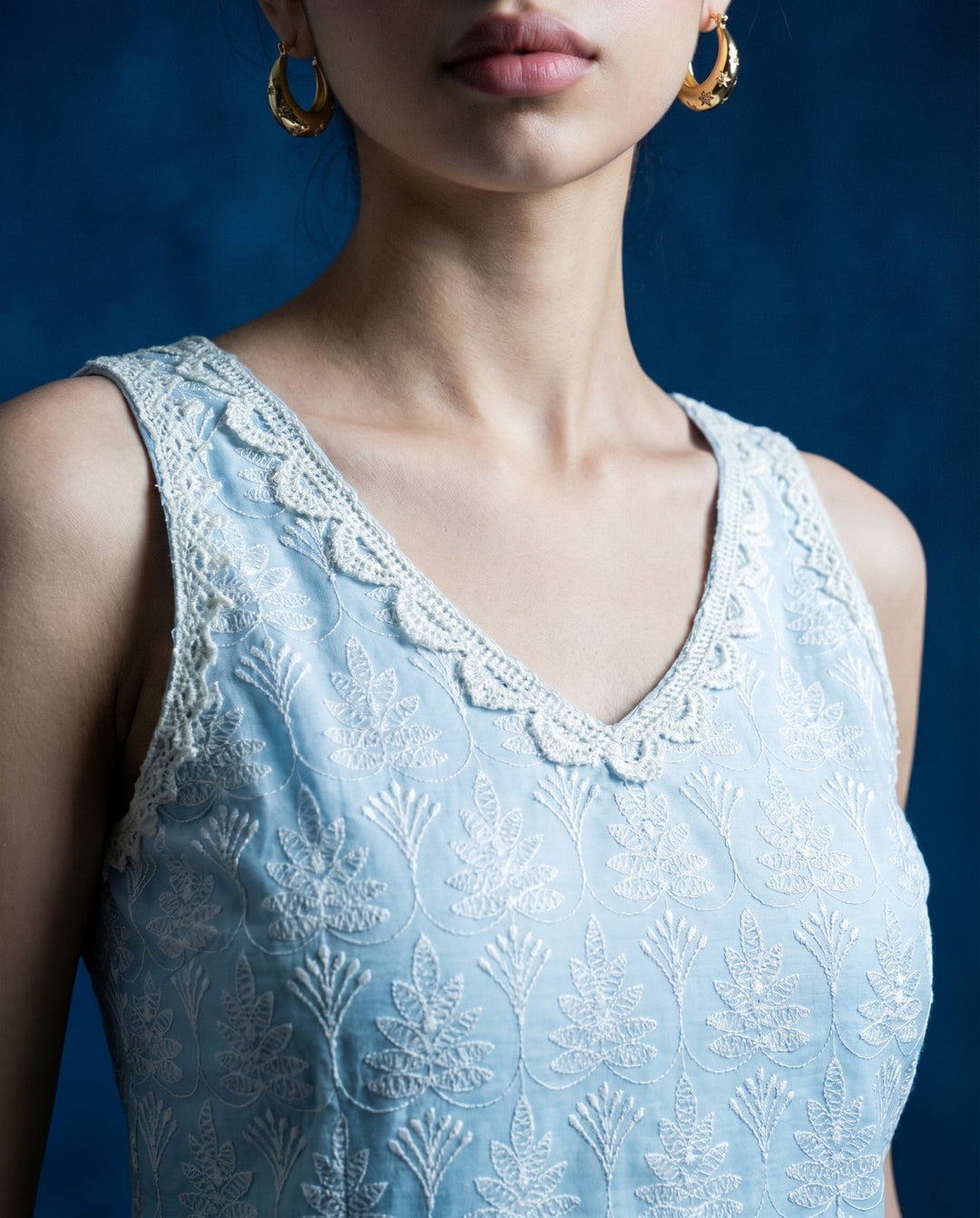 Sky Blue Embroidered Cotton Blended Sleeveless Straight Cut Long Kurta-1