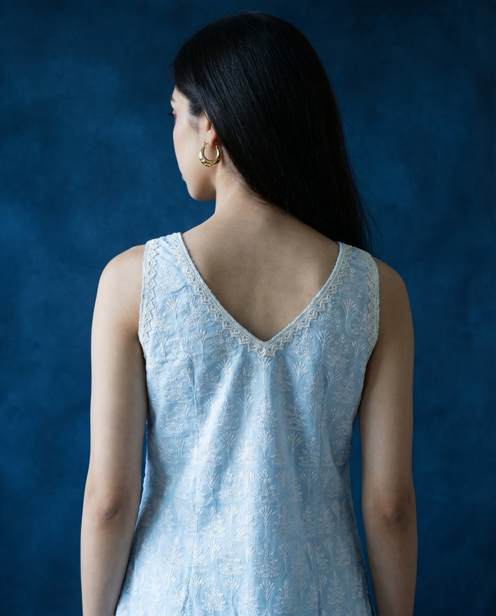 Sky Blue Embroidered Cotton Blended Sleeveless Straight Cut Long Kurta-1