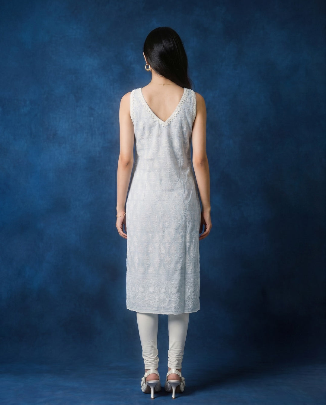 Sky Blue Embroidered Cotton Blended Sleeveless Straight Cut Long Kurta-1