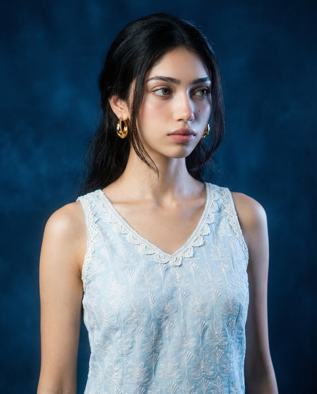 Sky Blue Embroidered Cotton Blended Sleeveless Straight Cut Long Kurta-1