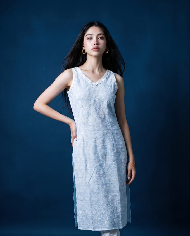 Sky Blue Embroidered Cotton Blended Sleeveless Straight Cut Long Kurta-1